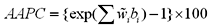 AAPC = { ( e to power of the sum over i of w tilde sub i times b sub i ) - 1} times 100